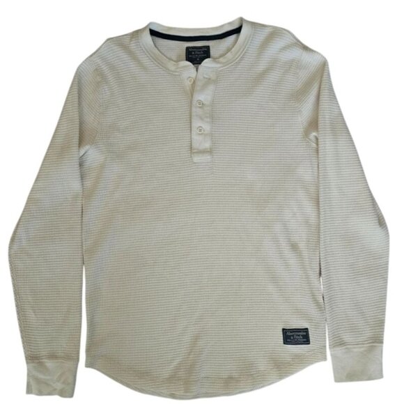 Abercrombie & Fitch Cream Long Sleeve Classic Waffle Henley Shirt Men's Medium - Picture 2 of 13